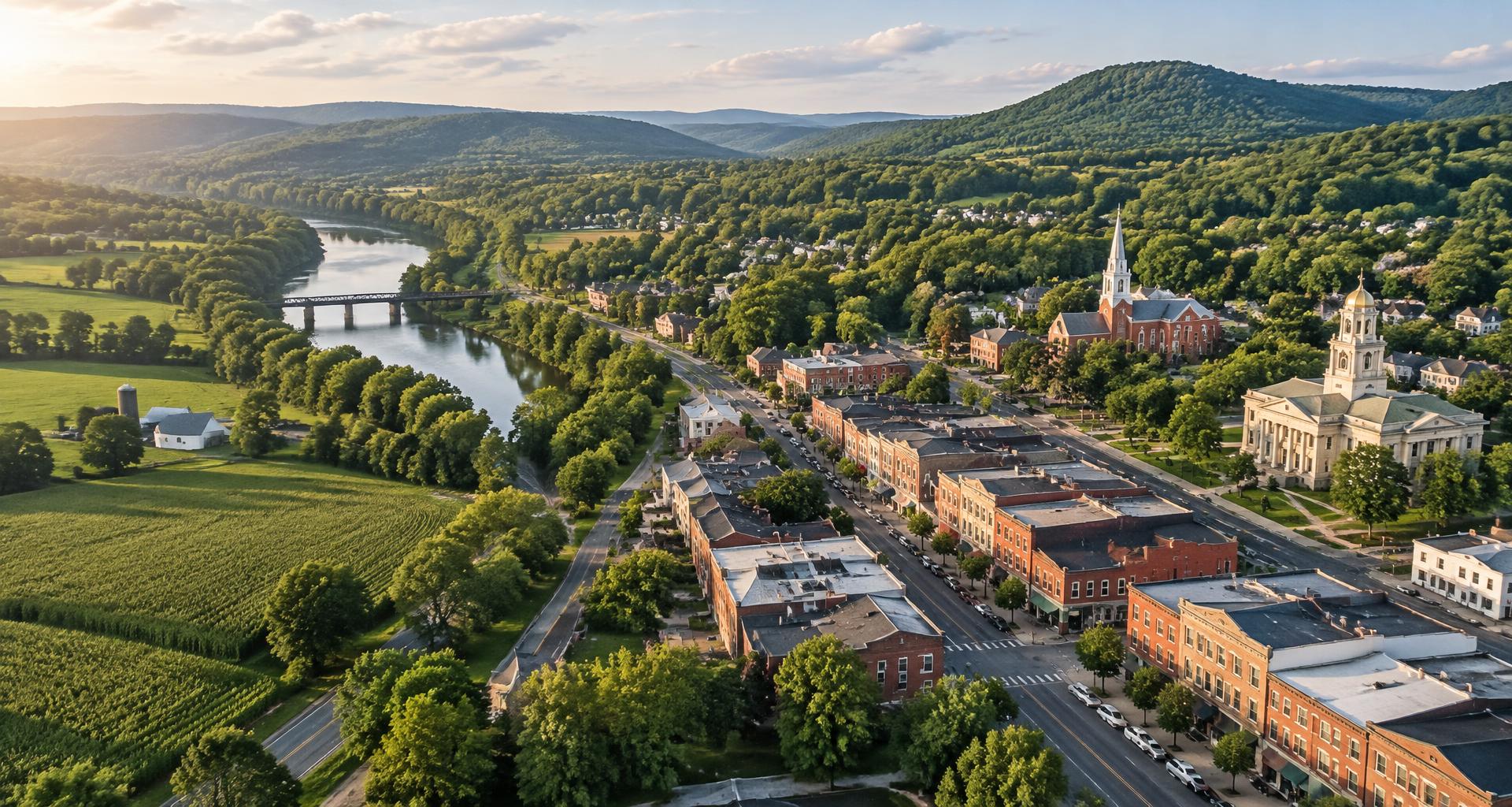 A vibrant small-town main street surrounded by green hills and a river